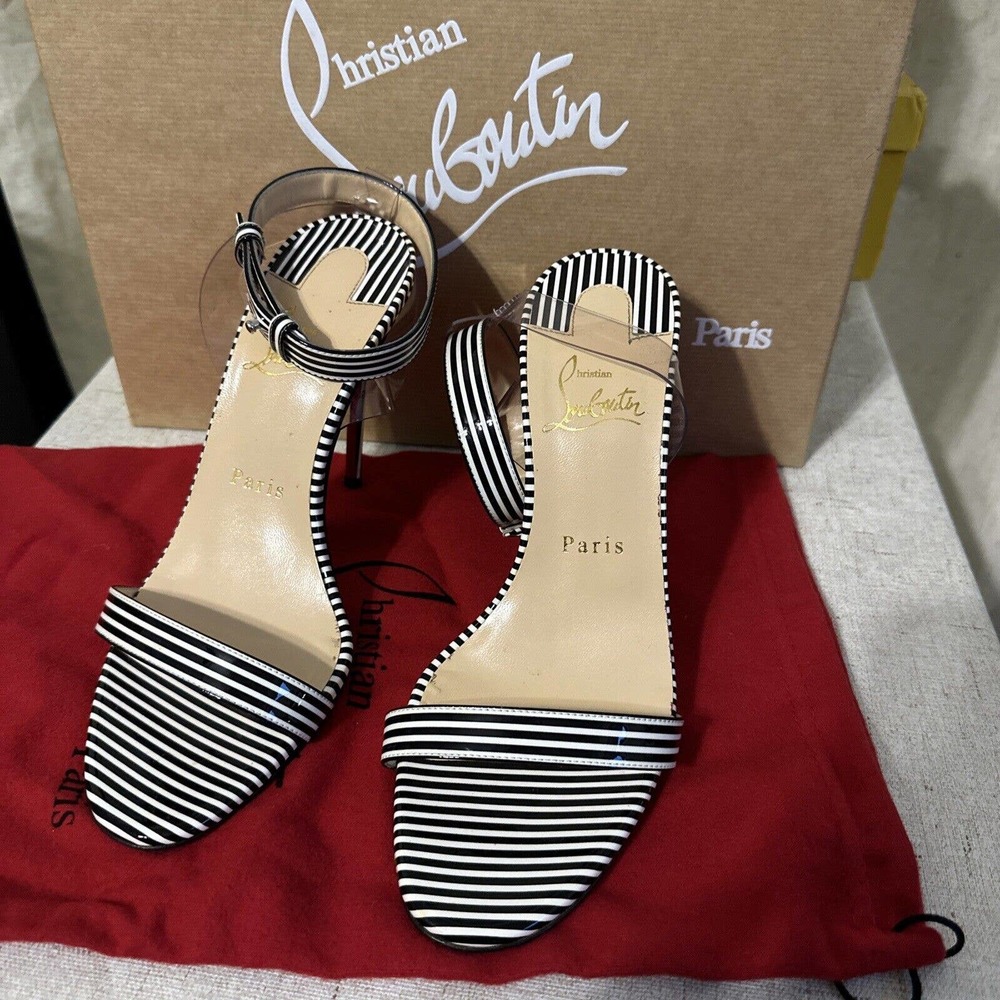 jonatina Christian Louboutin Strappy heels black white stripes